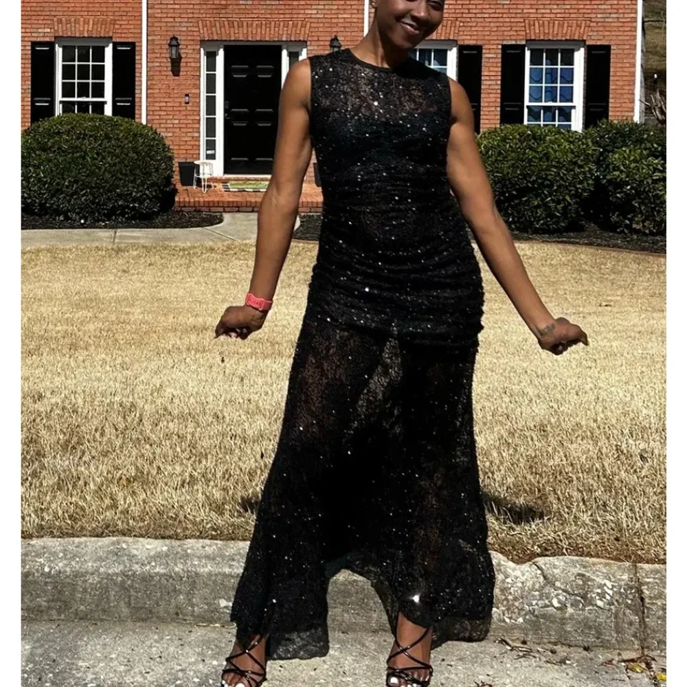 Aknvas Black Sequin Gown Size 6 Formal Luxury Sheer Ruched Flattering $1000 - Picture 7 of 13